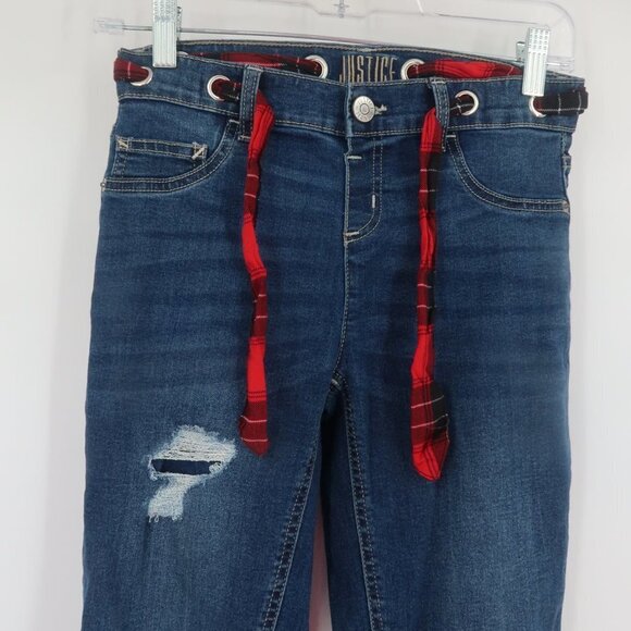 Justice Girls Distressed Skinny Jeans with Plaid Belt Size 14 - Picture 4 of 12